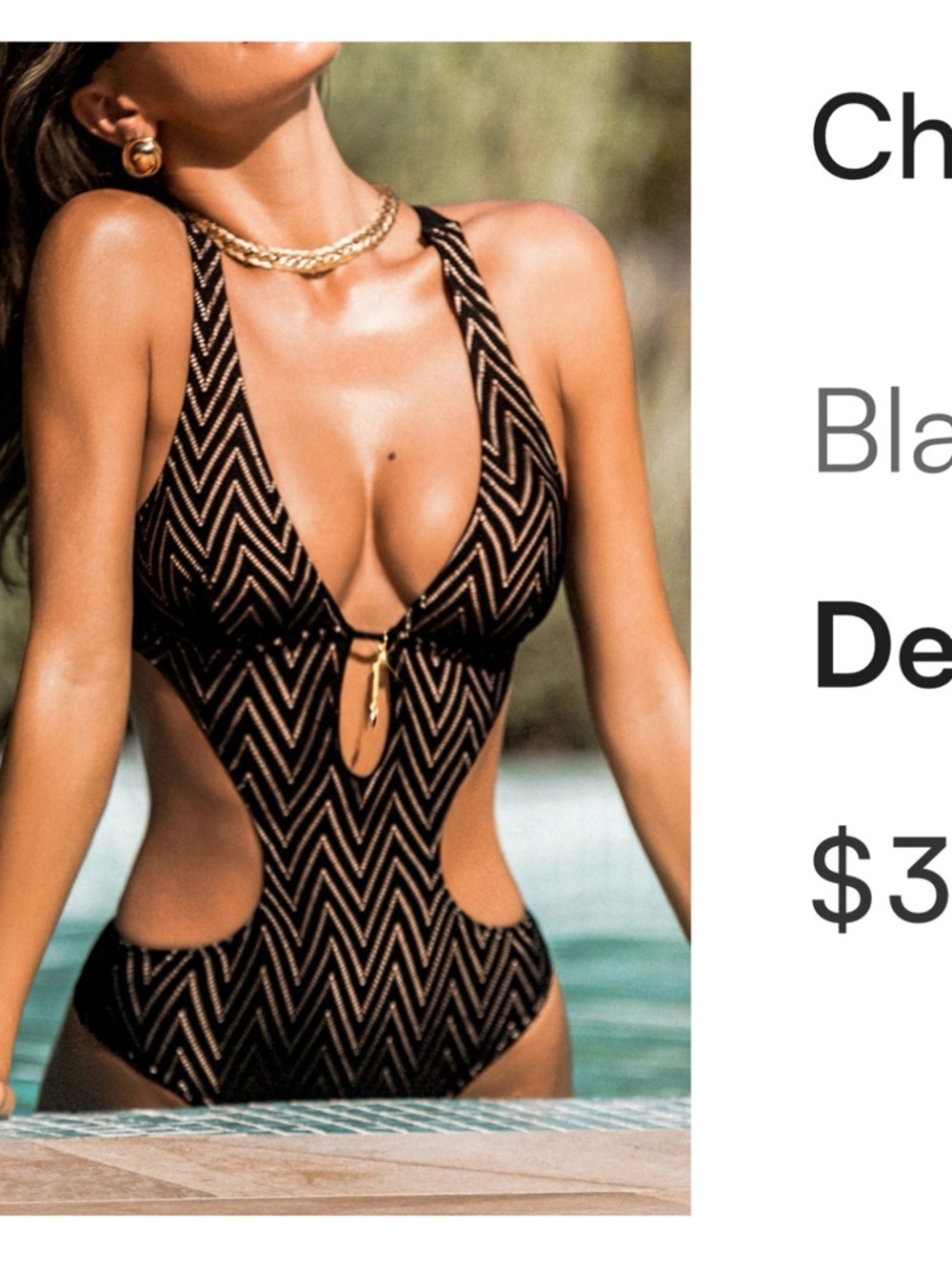 Cupshe Black Chevron Cutout One-Piece with Gold Ring